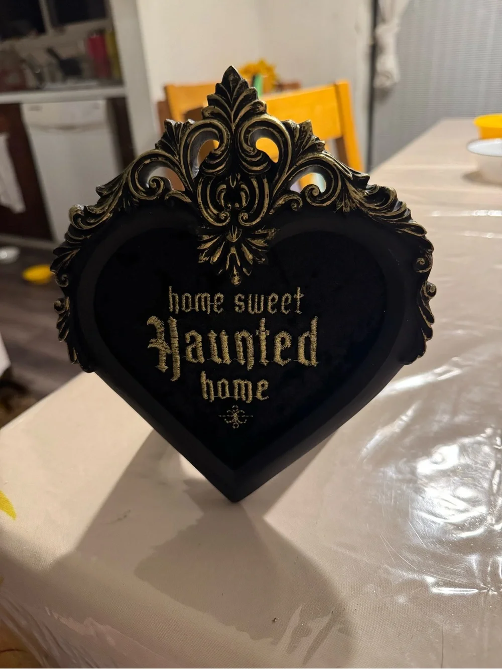 Home Sweet Haunted Home Decorative Heart Plaque - Black and Gold Halloween decor